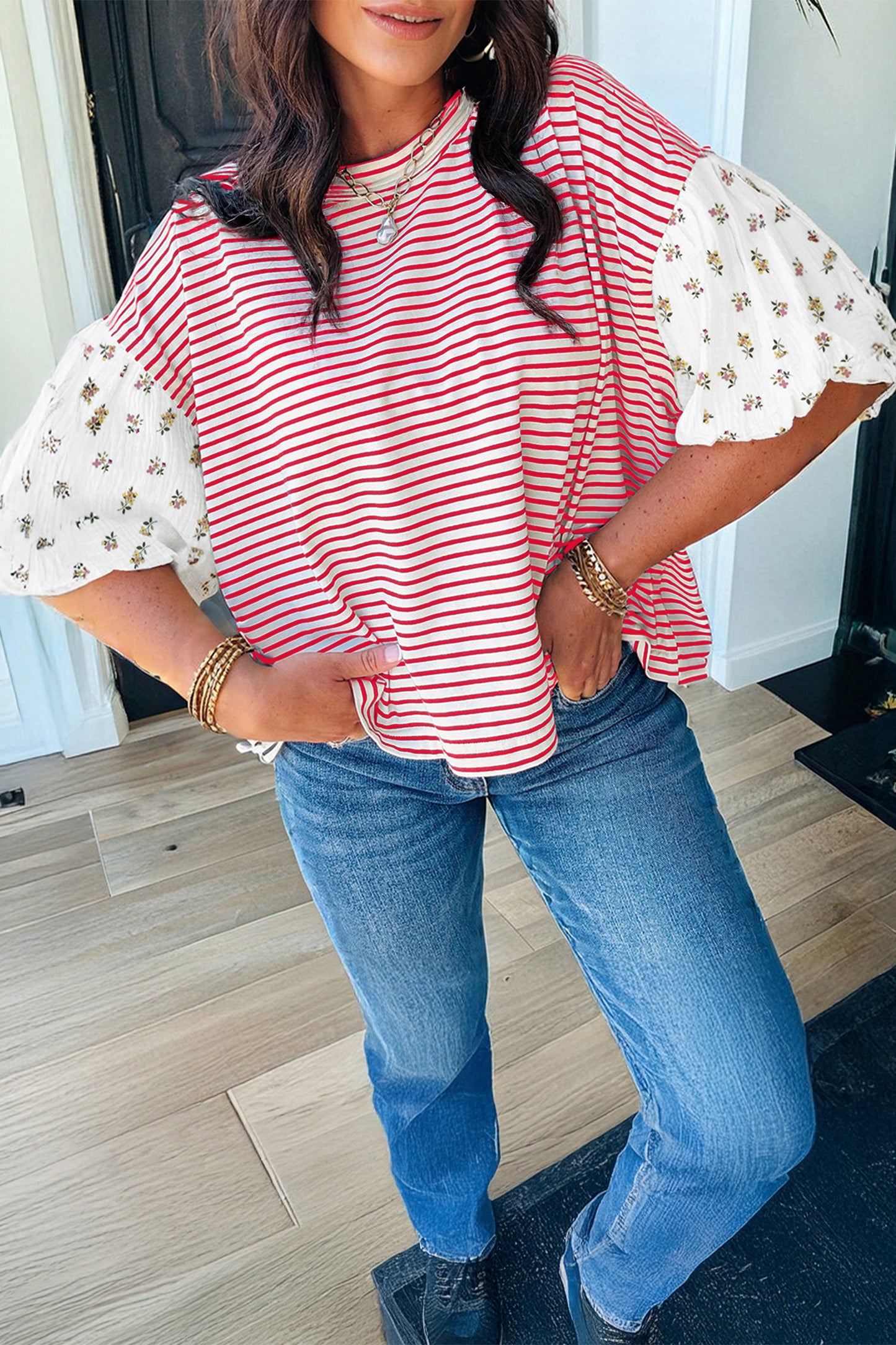Floral Puff Sleeve Patchwork Top