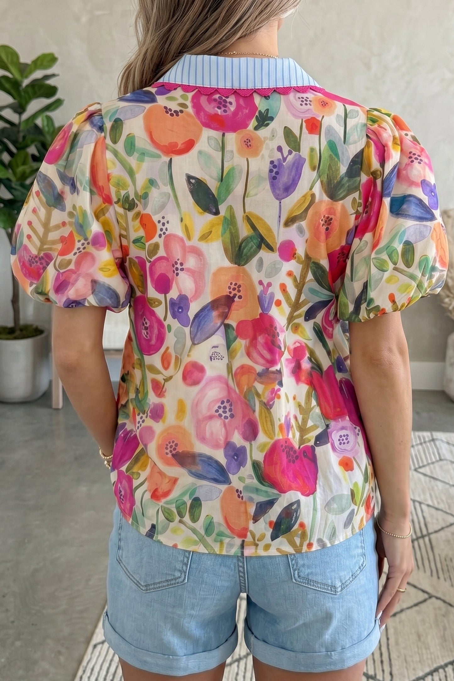 Rose Print Puff Sleeve Blouse