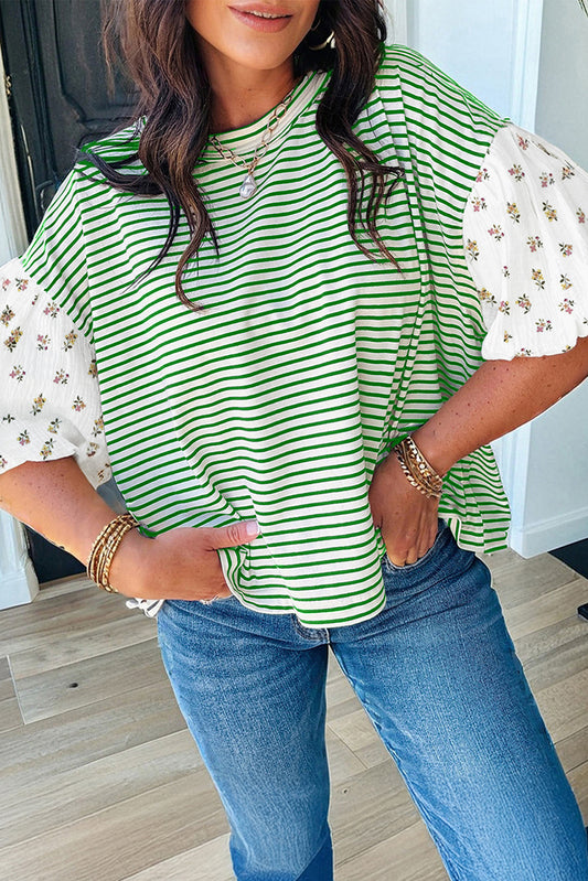 Floral Puff Sleeve Patchwork Top