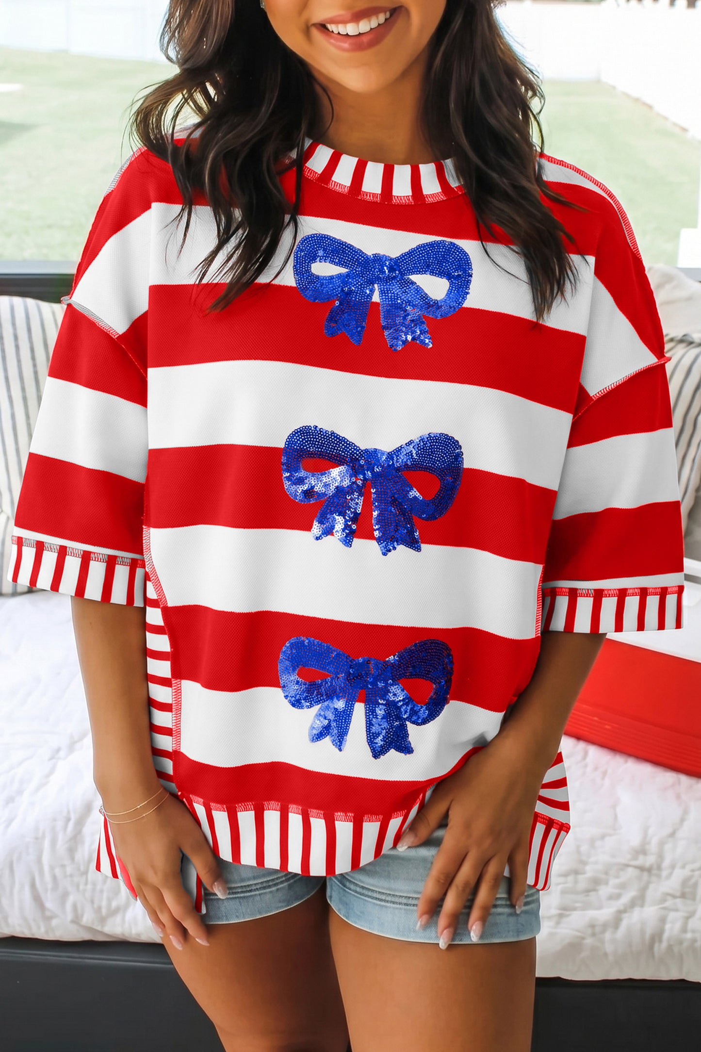 Stripe Sequin Bow Patriotic Top
