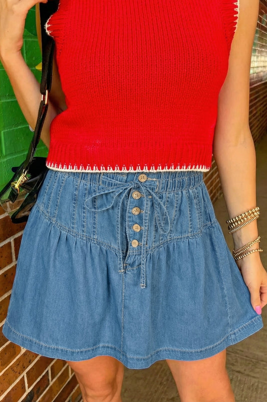 Pleated High Waist Denim Skirt