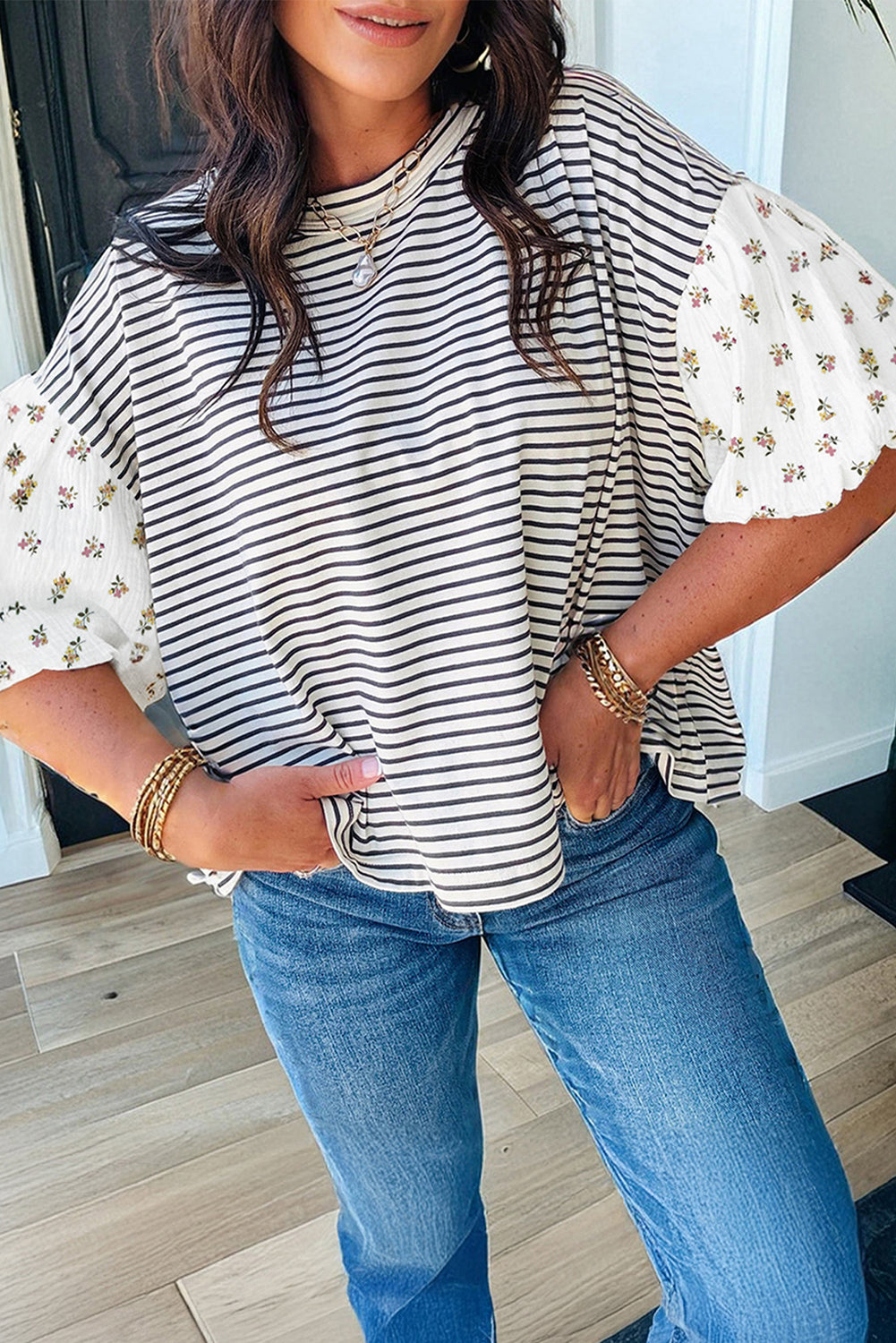 Floral Puff Sleeve Patchwork Top