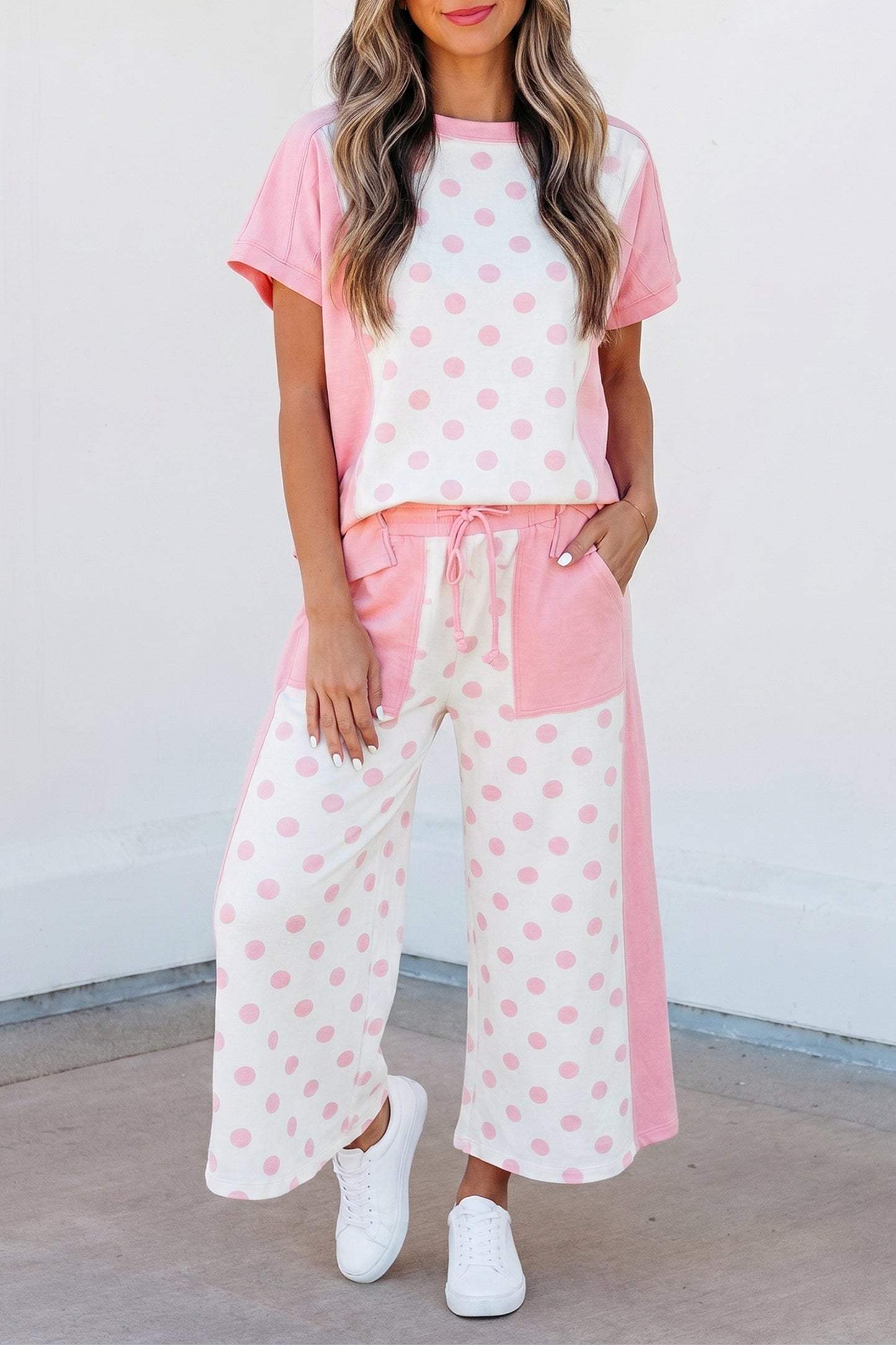 Patchwork Polka Dot Wide Leg Pant Set