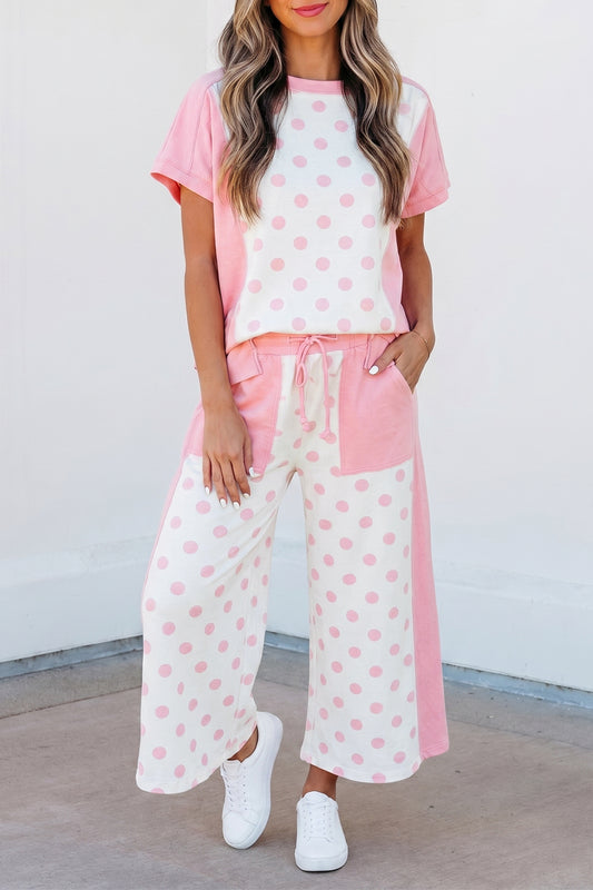 Patchwork Polka Dot Wide Leg Pant Set