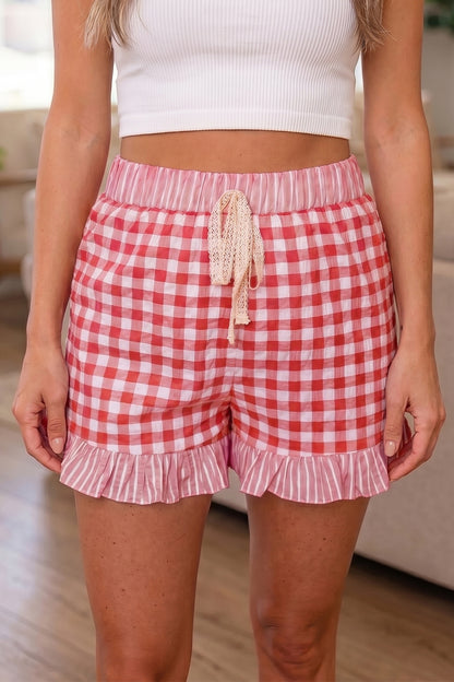 Gingham Ruffle Lace Tie Shorts