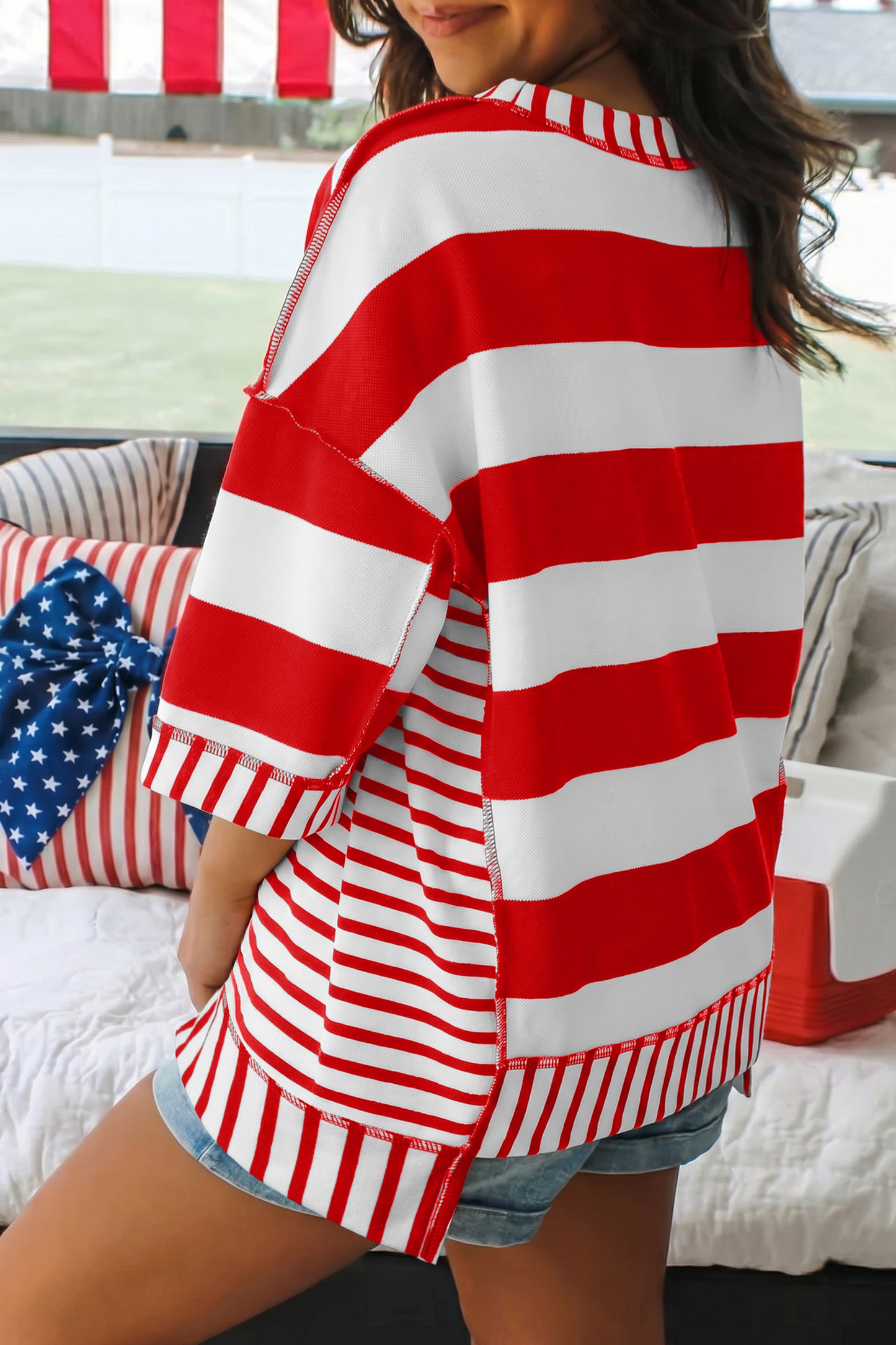 Stripe Sequin Bow Patriotic Top