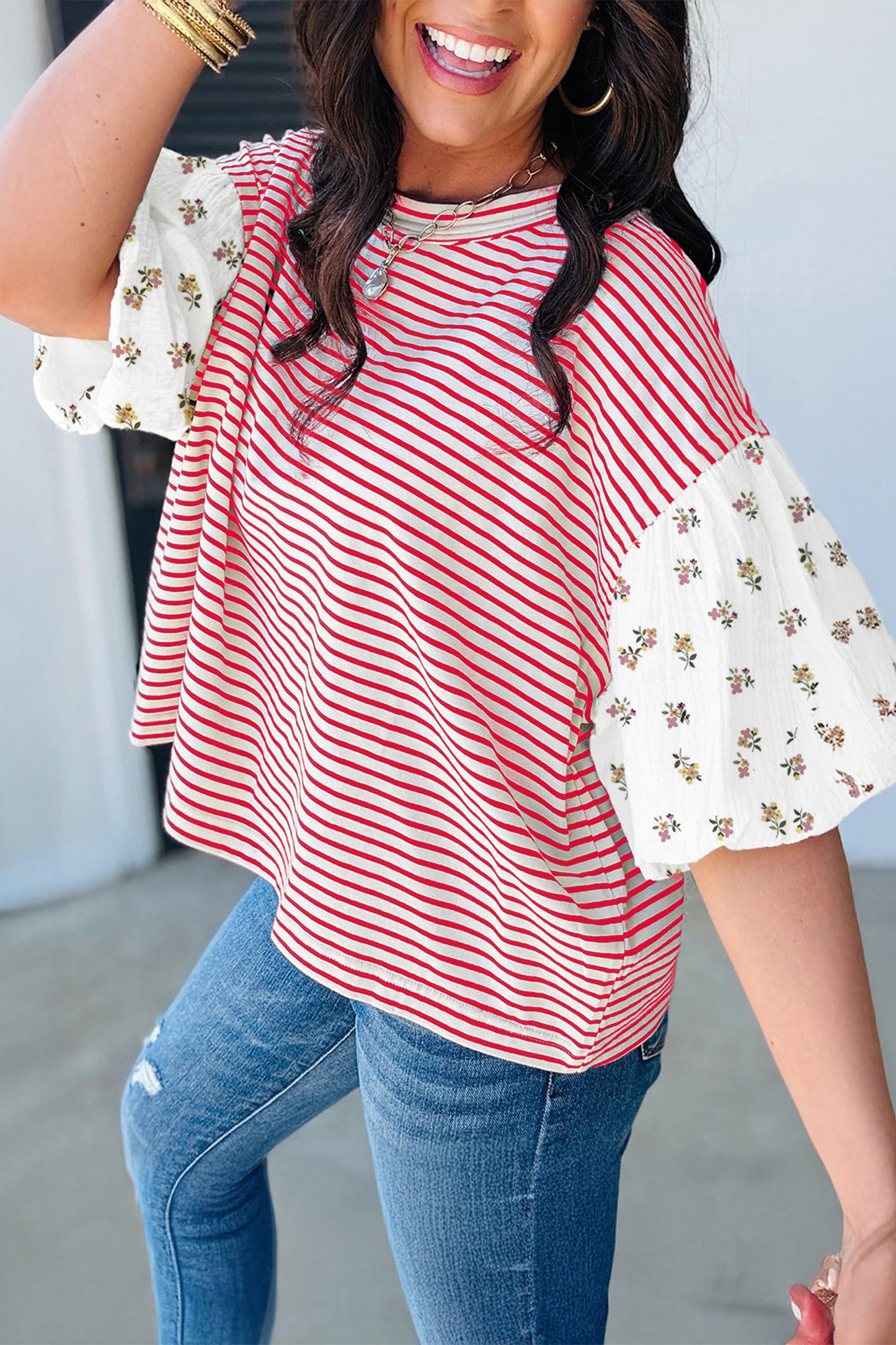 Floral Puff Sleeve Patchwork Top