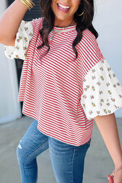 Floral Puff Sleeve Patchwork Top