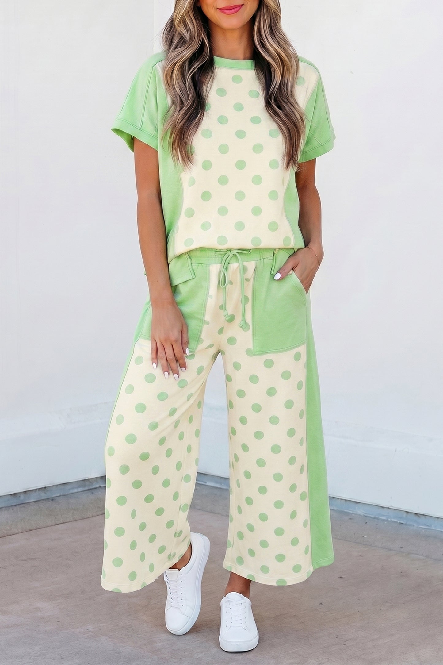 Patchwork Polka Dot Wide Leg Pant Set