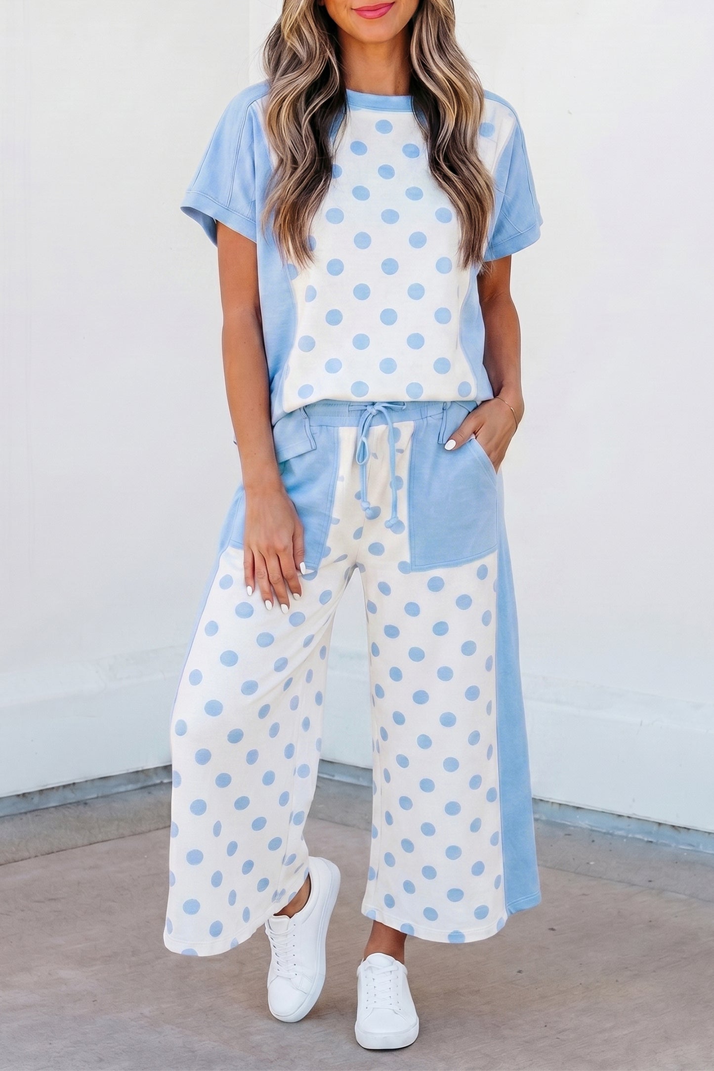 Patchwork Polka Dot Wide Leg Pant Set