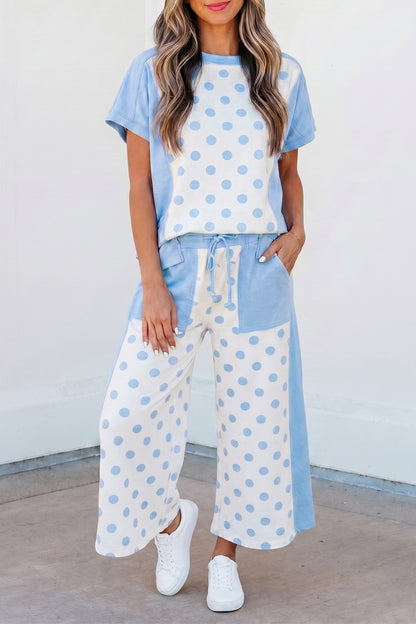 Patchwork Polka Dot Wide Leg Pant Set