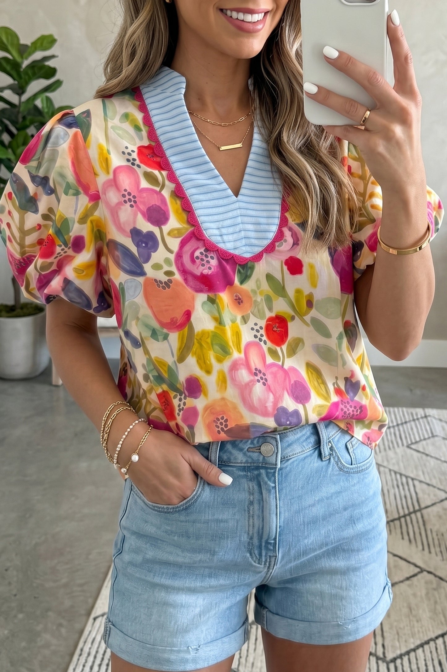 Rose Print Puff Sleeve Blouse