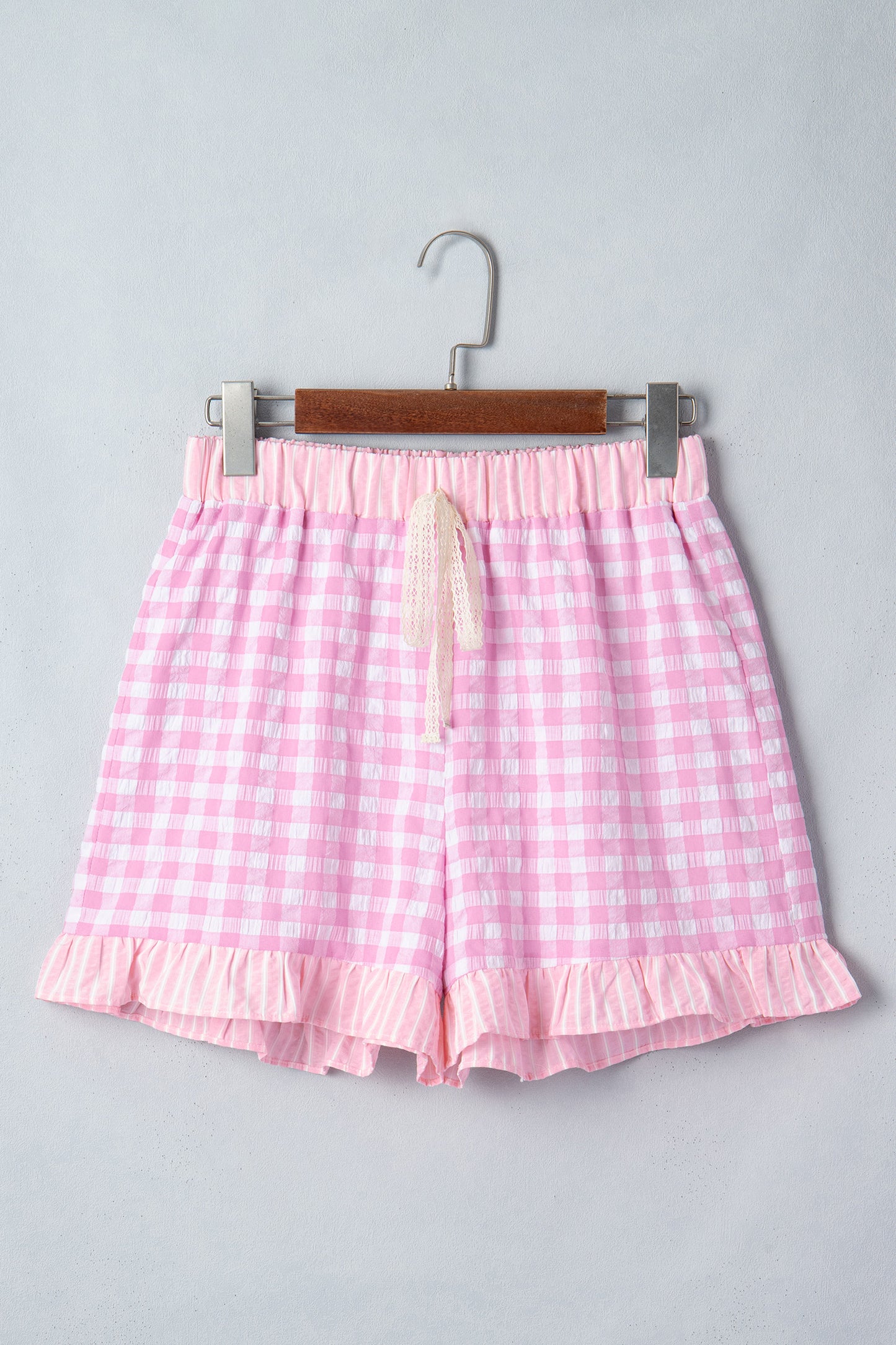 Gingham Ruffle Lace Tie Shorts