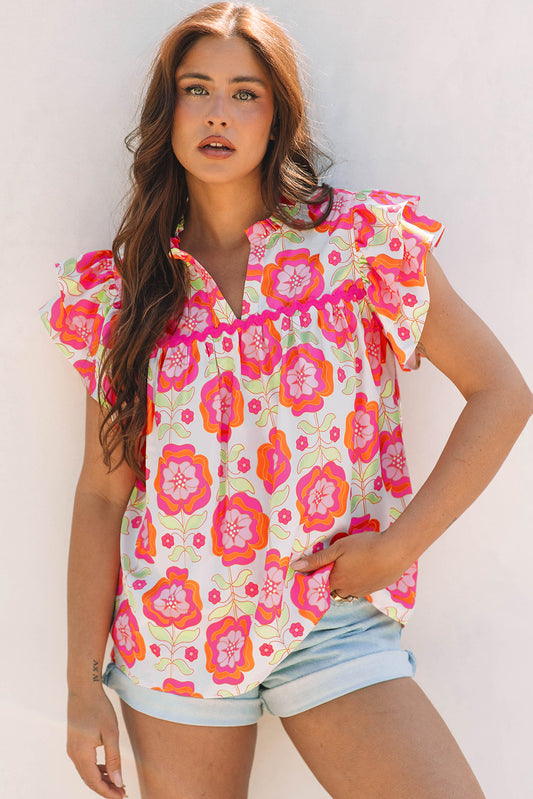 Rose Floral Ruffled Sleeve Loose Blouse