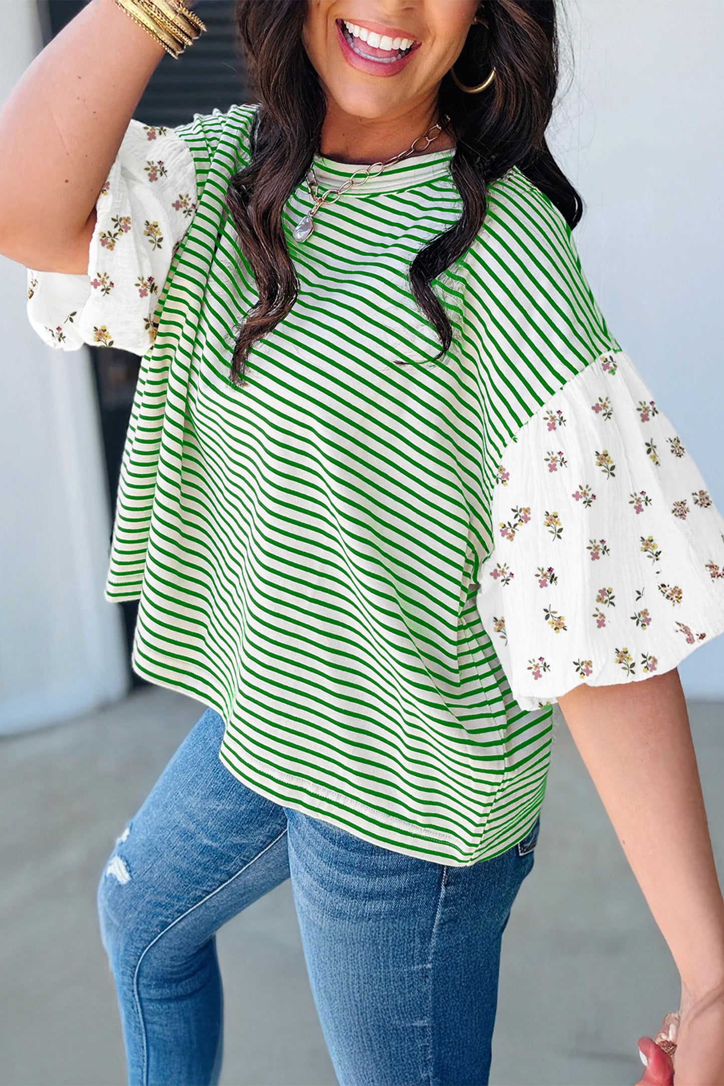 Floral Puff Sleeve Patchwork Top
