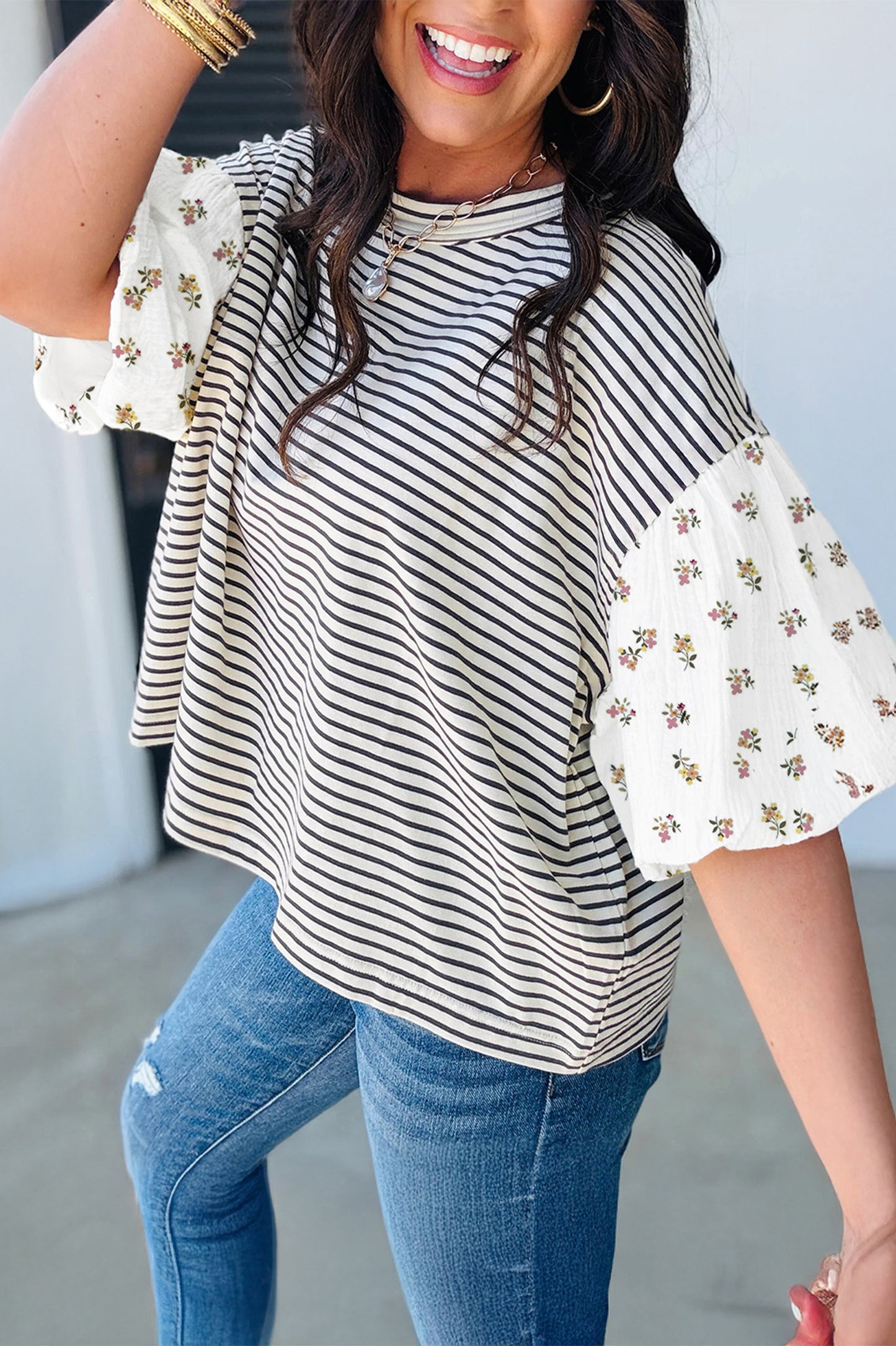Floral Puff Sleeve Patchwork Top